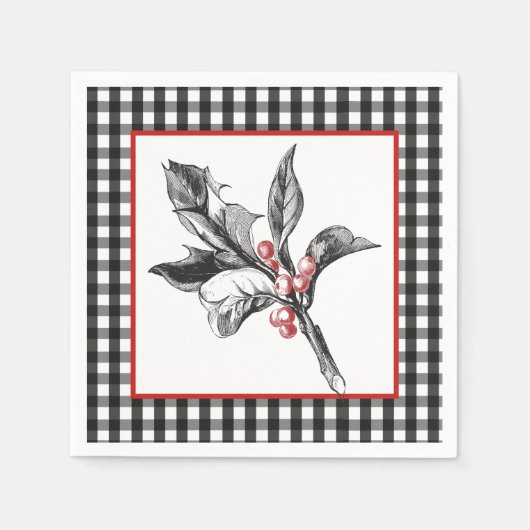 Botanisch Holly Black en White-kerstpapier Servet (Voorkant)