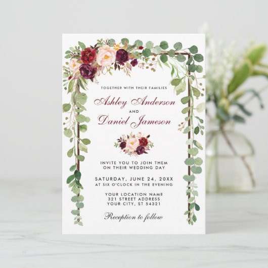 Botanisch hout Bourgogne Floral bruiloft B Kaart (Staand voorkant)