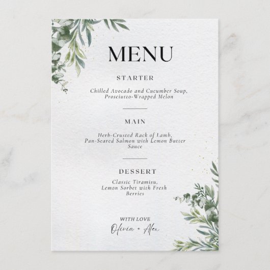 Botanisch Huwelijksmenu – Elegante Groene Blad Ill Menu (Voorkant)