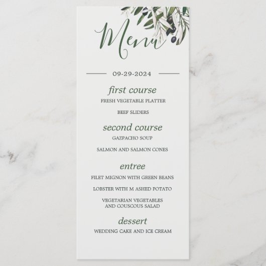 Botanisch Italiaans Groen Olijven Bindje Menu (Voorkant)