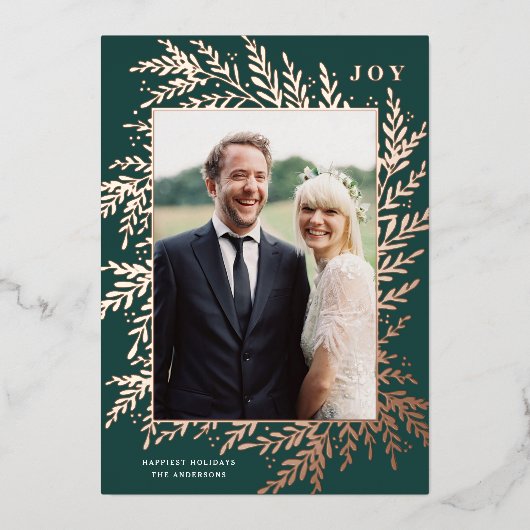 Botanisch kader JOY Kerst Foto Goud Folie Kaart (Voorkant)