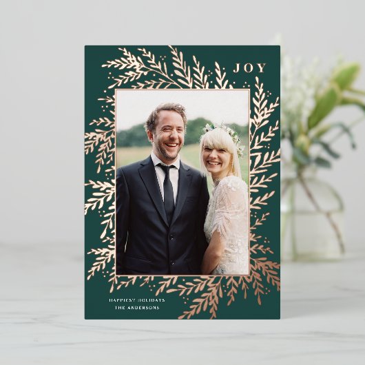 Botanisch kader JOY Kerst Foto Goud Folie Kaart (Staand Voorkant)