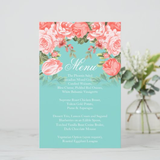 Botanisch koraal en Blauwgroen bloem - Menu (Staand voorkant)