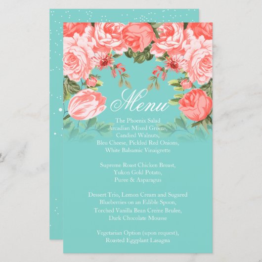 Botanisch koraal en Blauwgroen bloem - Menu (Voorkant / Achterkant)