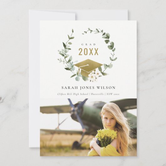 Botanisch Leafy Wreatfoto Gold Afstuderen Aankondiging (Voorkant)