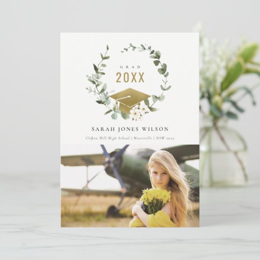 Botanisch Leafy Wreatfoto Gold Afstuderen Aankondiging (Staand voorkant)