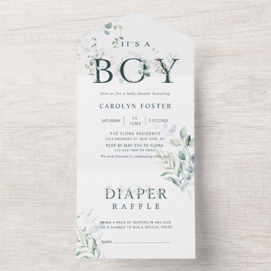 Botanisch Letter-Baby shower | Diaper Raffle All In One Uitnodiging (Binnen)
