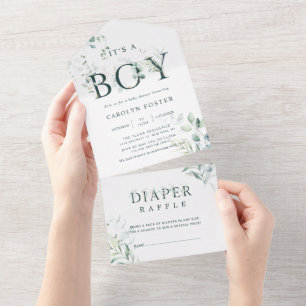 Botanisch Letter-Baby shower   Diaper Raffle All In One Uitnodiging