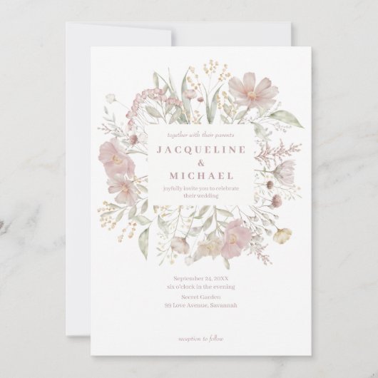 Botanisch Lijst Wildbloemen Stoffig Roos Bruiloft Kaart (Voorkant)