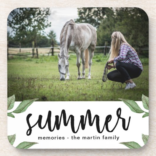 Botanisch met zomerscript voeg foto en naam toe drankjes onderzetter (Voorkant)