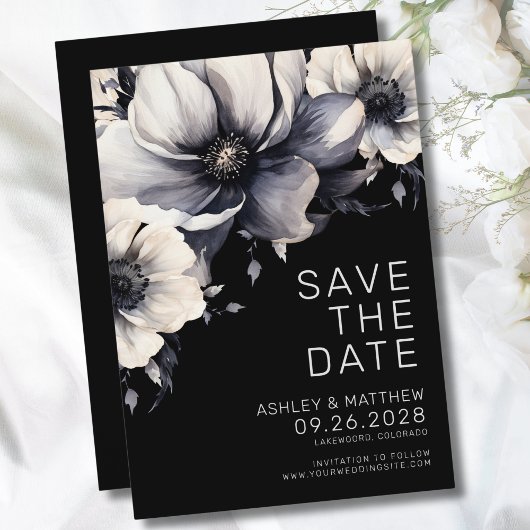 Botanisch Modern Elegant Zwart Bloemen Bruiloft Save The Date