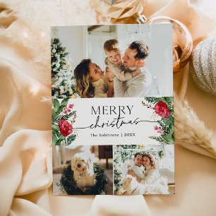 Botanisch Modern Script 3 Foto Vrolijk Kerstfeest Feestdagenkaart