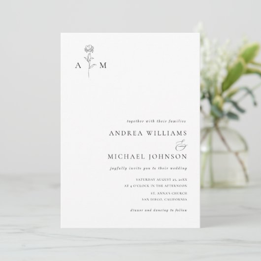 Botanisch Monogram Ampersand Plain White Wedding Kaart (Staand voorkant)
