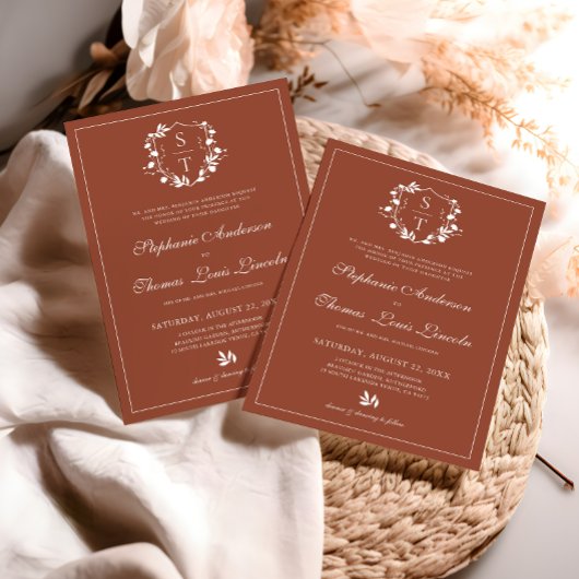 Botanisch Monogram Crest Terracotta Bruiloft Kaart