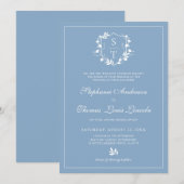 Botanisch Monogram Kam Stoffig Blauw Bruiloft Kaart (Voorkant / Achterkant)