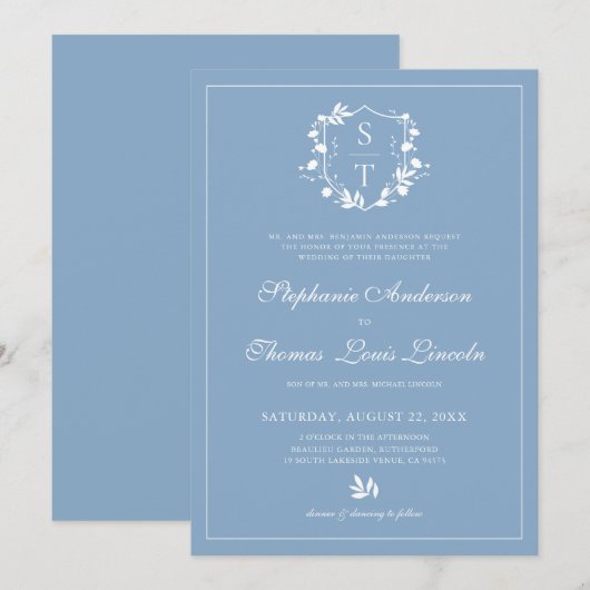 Botanisch Monogram Kam Stoffig Blauw Bruiloft Kaart (Voorkant / Achterkant)