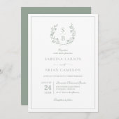 Botanisch Monogram Krans Sage Groene Bruiloft Kaart (Voorkant / Achterkant)