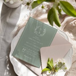 Botanisch Monogram Krans Sage Groene Bruiloft Kaart