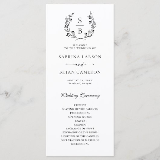 Botanisch Monogram Krans Zwart Wit Programma Kaart (Voorkant)