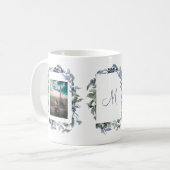 Botanisch monogram met bruid- en bruidegomfoto koffiemok (Voorkant links)