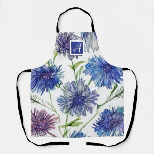 Botanisch Monogram  paarse blauwe korenbloemen Schort