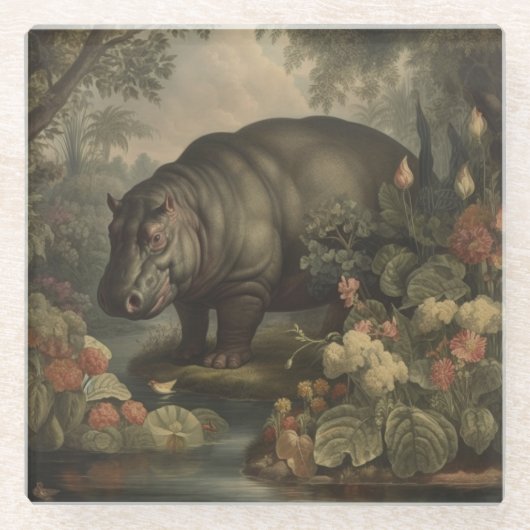 botanisch nijlpaard glazen onderzetter (Voorkant)