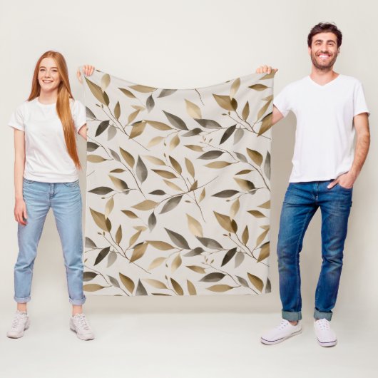 Botanisch olijfblad beige bloempatroon fleece deken (In situ)