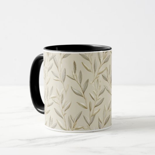 Botanisch olijfblad beige bloempatroon mok (Voorkant links)