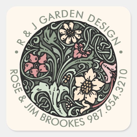Botanisch Ontwerp met Bedrijfsnaam en Telefoon Vierkante Sticker (Voorkant)
