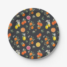 Botanisch Oranje en Citroen Patroon Donker Papieren Bordje