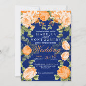 Botanisch Oranje en marineblauw huwelijk Kaart (Voorkant)