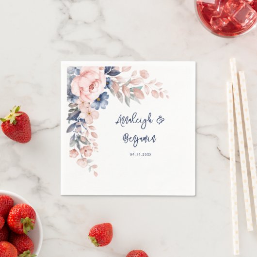 Botanisch papier met roze blauwe flessenband servet (Insitu)