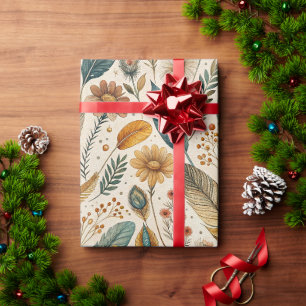 Botanisch patroon met veer en wilde bloem cadeaupapier