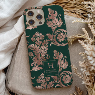 Botanisch patroon monogram roosgoud smaragdgroen Case-Mate iPhone 14 hoesje