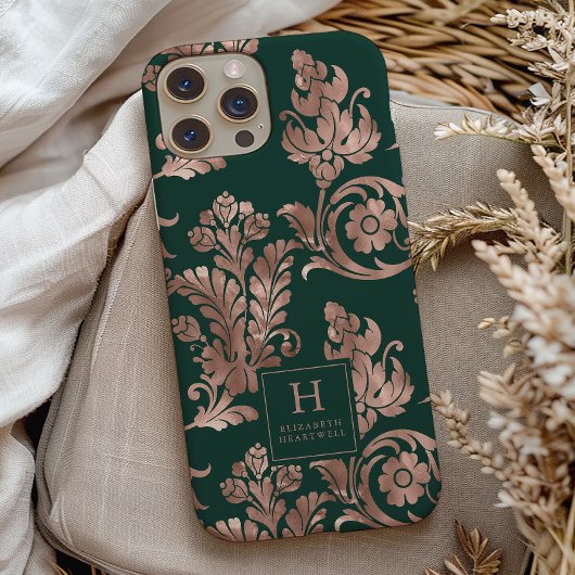 Botanisch patroon monogram roosgoud smaragdgroen Case-Mate iPhone case