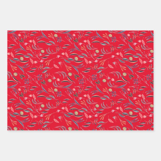 Botanisch patroon rood grijs wit inpakpapier (Voorkant)