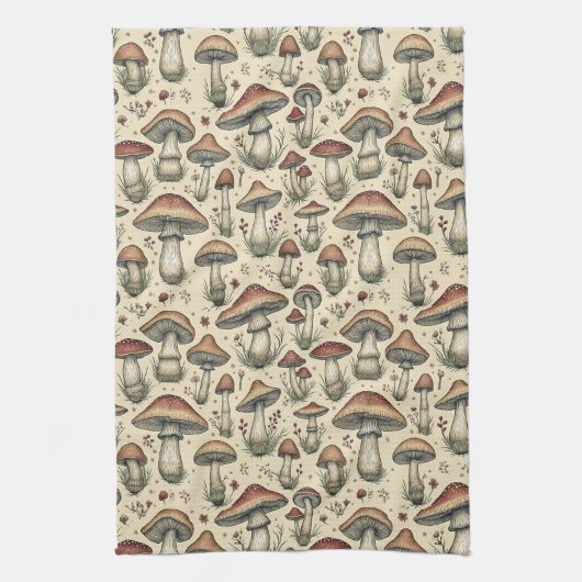 Botanisch patroon van paddenstoelen in bruin en be theedoek (Verticaal)