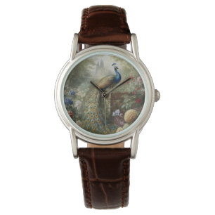 Botanisch: pauw bij kasteel in Engelse tuin Horloge