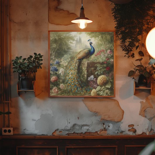 Botanisch: pauw in de buurt van kasteel in Engelse Canvas Afdruk