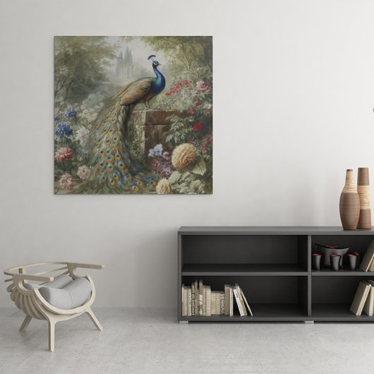 Botanisch: pauw in de buurt van kasteel in Engelse Canvas Afdruk