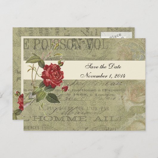 Botanisch Roos Frans  papier Bewaar de datum Aankondigingskaart (Voorkant / Achterkant)