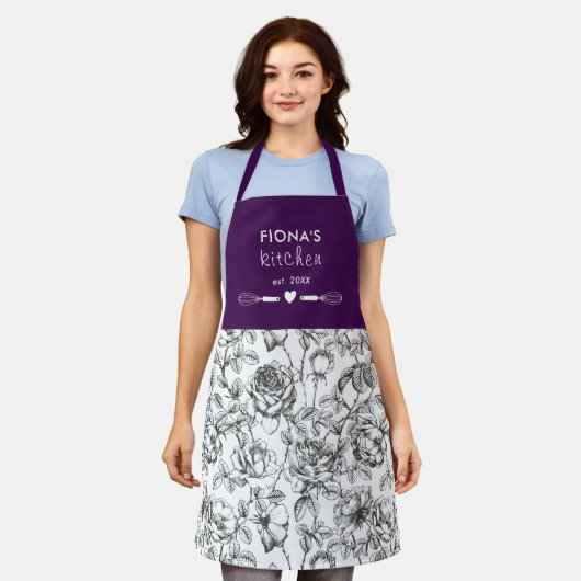 Botanisch Roos zwart en Paars, op maat gemaakt Schort (Gedragen)