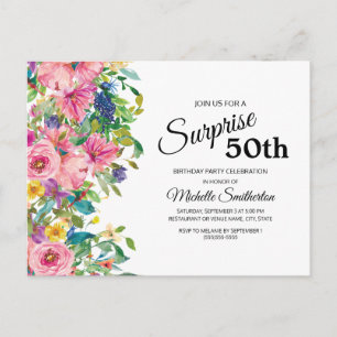 Botanisch Roze Blau Aquarel Bloemig 50e Verjaardag Briefkaart