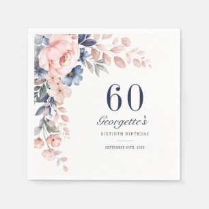 Botanisch roze blauw Floral Script 60th Birthday Servet