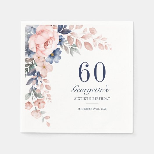 Botanisch roze blauw Floral Script 60th Birthday Servet (Voorkant)