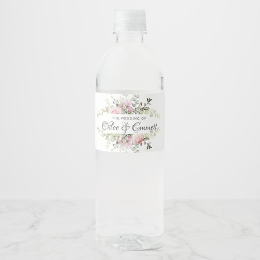Botanisch Roze Bloemen Bruiloft Water Fles Label Waterfles Etiket (Voorkant)