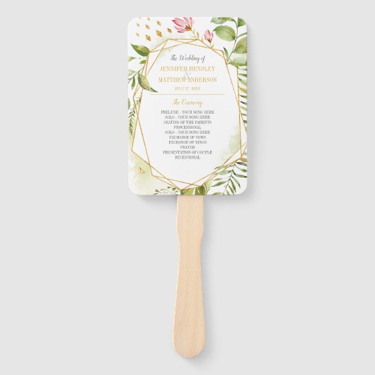 Botanisch Roze Groen Goud Geometrisch Lijst Bruilo Handwaaier (Voorkant)