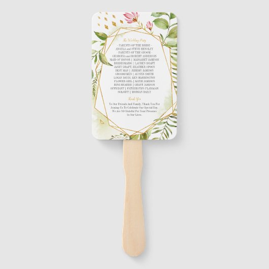 Botanisch Roze Groen Goud Geometrisch Lijst Bruilo Handwaaier (Achterkant)