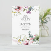 Botanisch roze lila bordeaux groen bloemenbruiloft kaart (Staand voorkant)