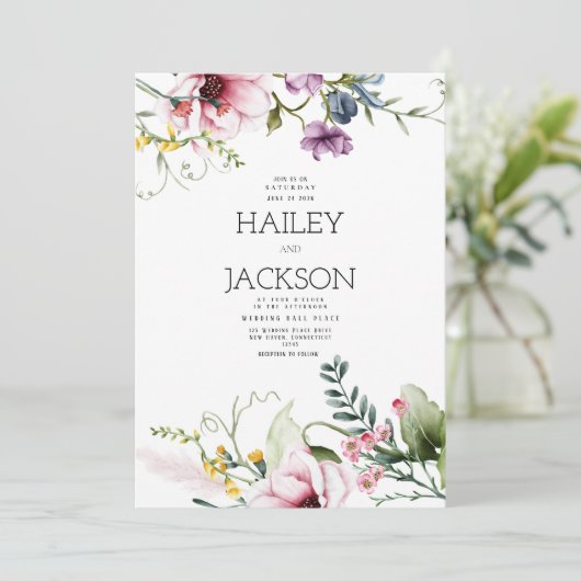 Botanisch roze lila bordeaux groen bloemenbruiloft kaart (Staand voorkant)